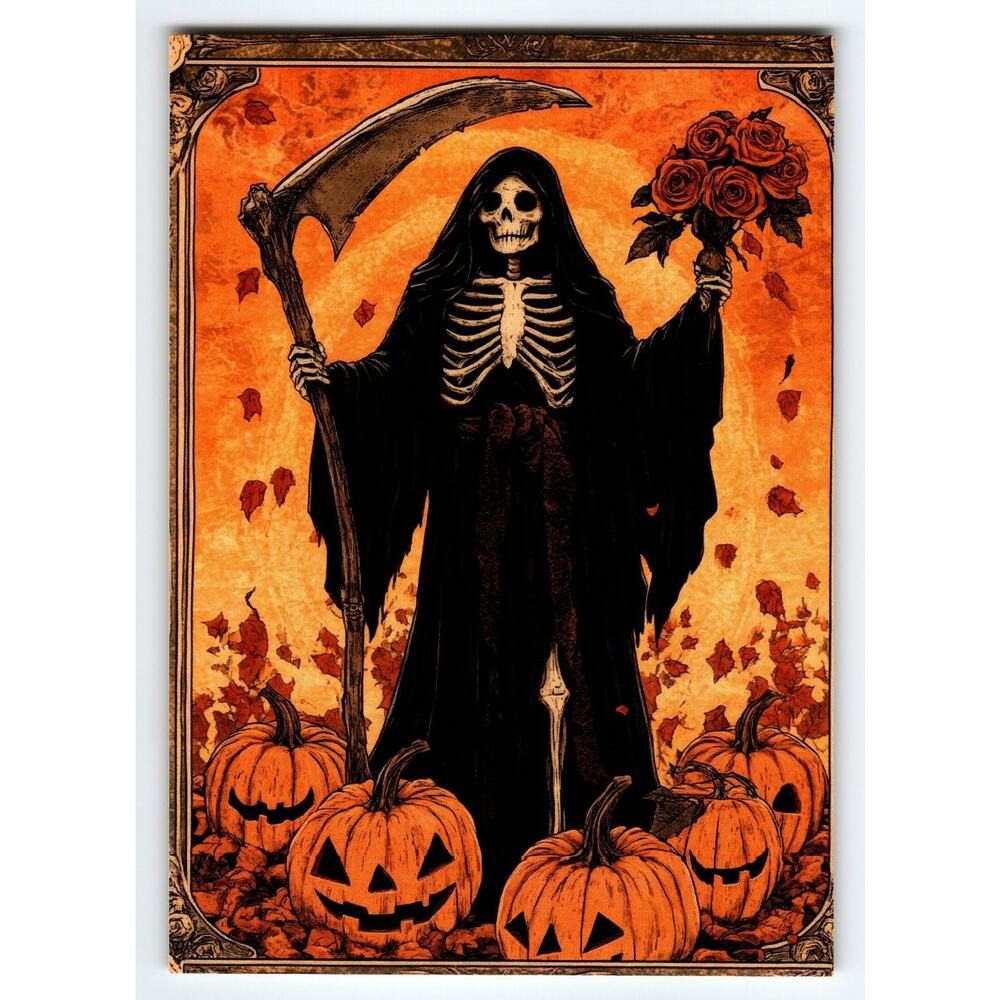 Vintage Halloween Postcard Grim Reaper with Pumpkins & Roses Litho